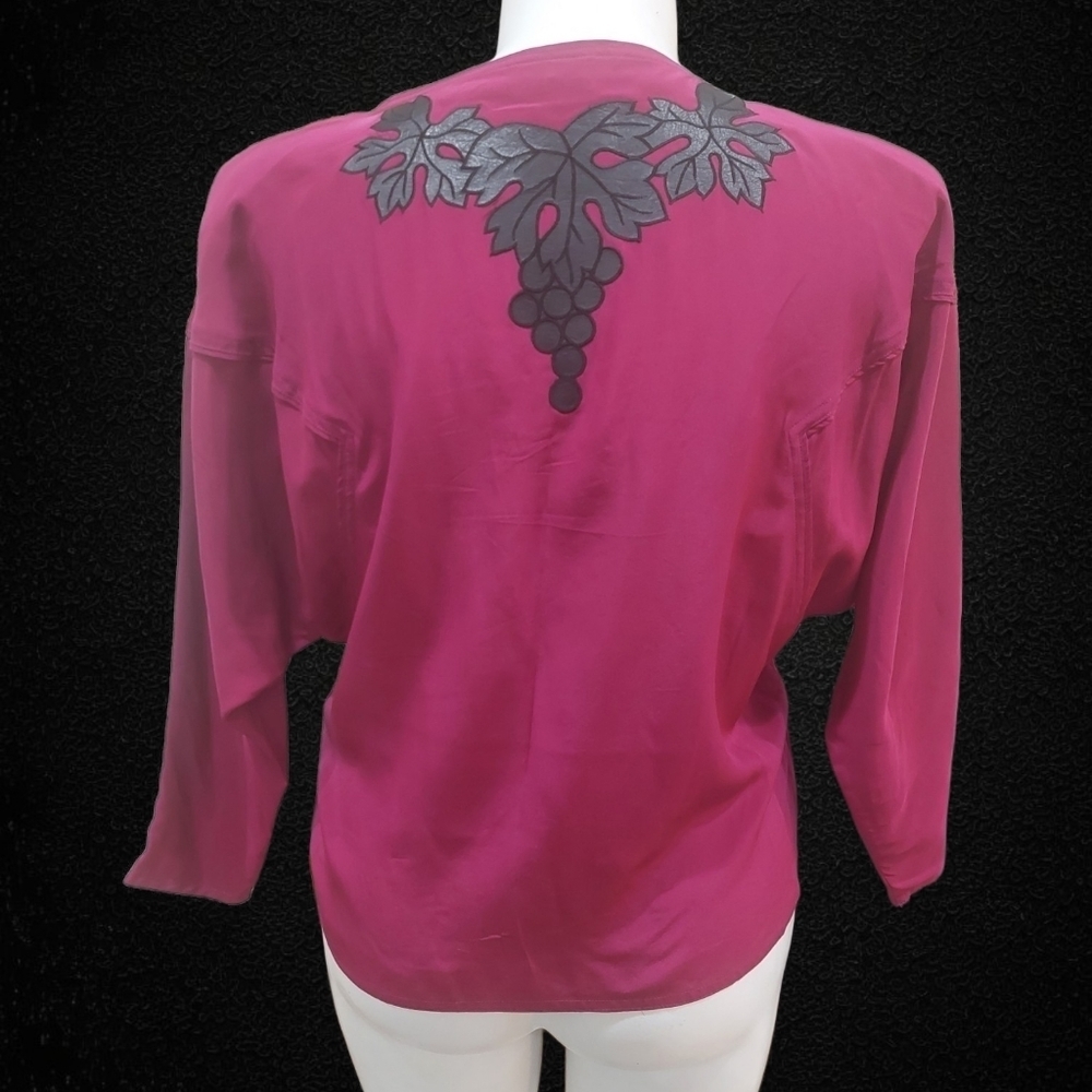 Mercedes & Adrienne VTG Wine/Black Leather Appliqué Top Blouse with 3/4 Sleeves - Picture 2 of 10